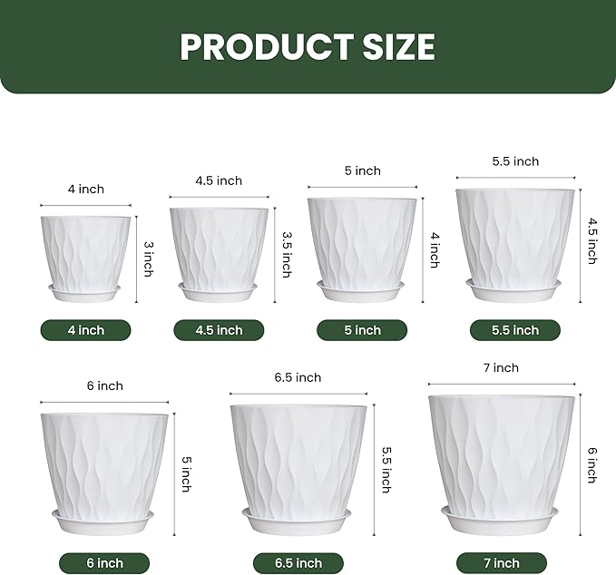 Flower Pots, 7/6.5/6/5.5/5/4.5/4 inch Plastic Plant Pots, 7 Pack Planter for Indoor Outdoor Plants, Nursery Planting Pot with Drainage Holes and Trays (White)