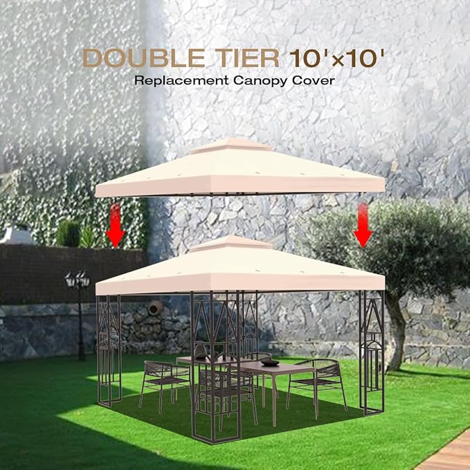 10x10 Canopy Replacement Top Double Tiered Gazebo Cover for Yard, Patio & Garden Durable Sunshade Replacement (Beige)