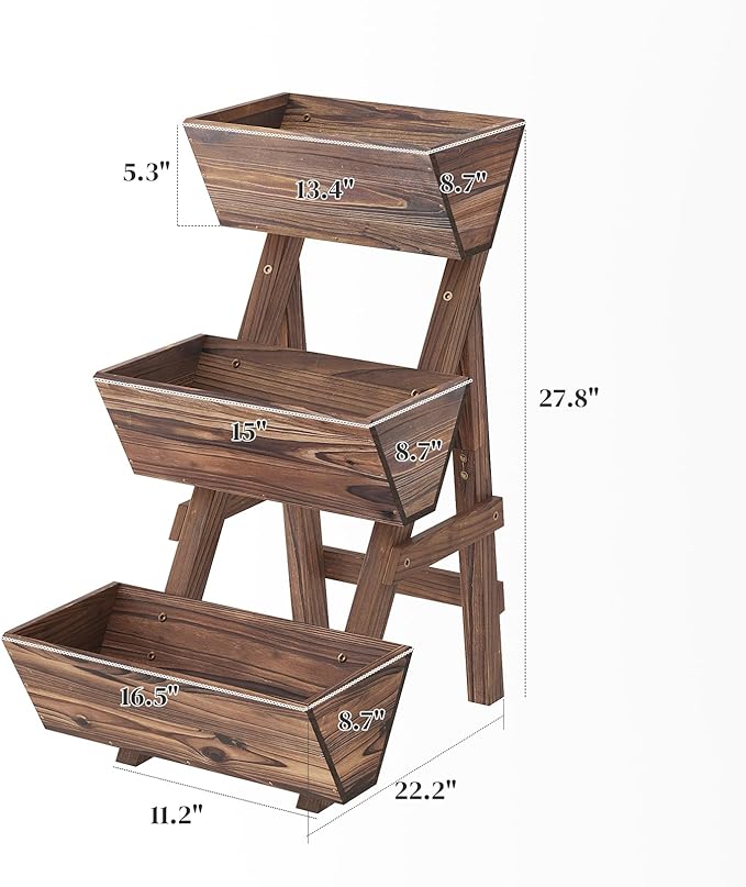 3-Tier Wooden Vertical Raised Garden Bed with Legs, Tiered Planter Box, Vertical Garden Planter,Wood Plant Stand Wood Flower Rack for Patio, Balcony, Freestanding. (Carbonized-Small)