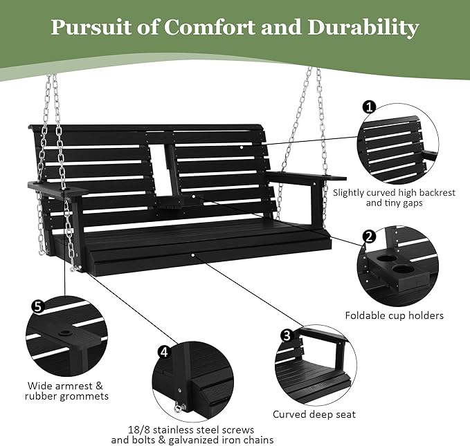 Poly Lumber 2-Seat Porch Swing, HIPS 4.5-Feet Bench Swing with Foldable Cup Holders,18/8 Stainless Steel Hardware, High Backrest and Deep Contoured Seat (Carbon Black, 4.5-feet)