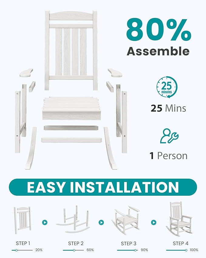 SERWALL Oversized Outdoor Rocking Chair, All-Weather Patio Rocking Chair, HDPE Porch Rocker for Adults, White