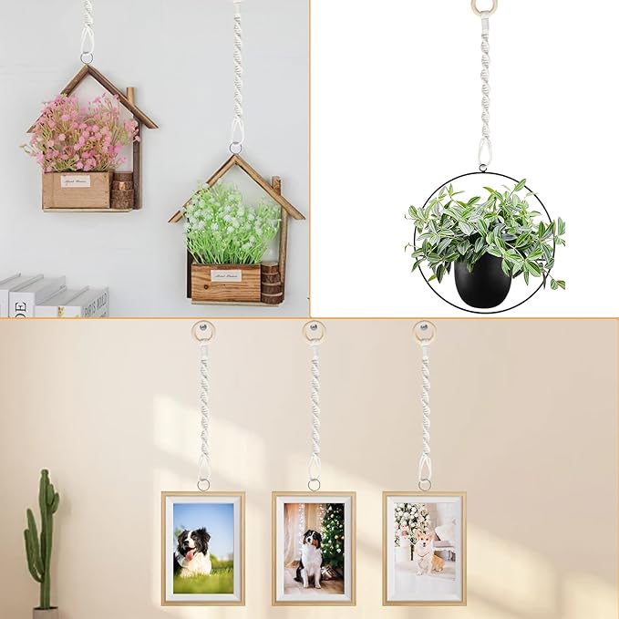 3 Pack Adjustable Macrame Plant Hanger Extenders Connectable Rope Hanging Plant Extender Handmade Woven Hanging Basket Extension with Wooden Ring for Indoor Outdoor Plant Pot Holder (Style 1, 3)