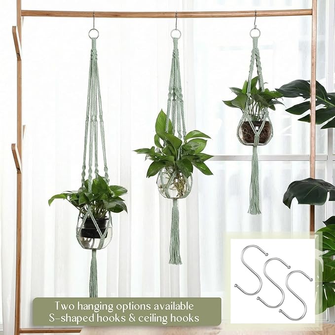 6 Pcs Plastic Plant Propagation with Boho Macrame Hanger Wall Plant Propagation Station Hanging Holder Include Hooks Kit for Indoor Home Garden Office Decor 3 Size (Sage Green)