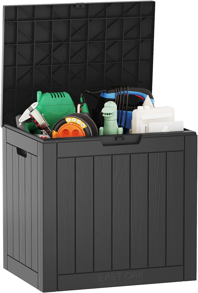 EAST OAK Outdoor Storage Box, 31 Gallon Deck Box, Waterproof Resin Storage Bin for Patio Cushions, Gardening Tools, Accessories, Lockable, UV Resistant, Black