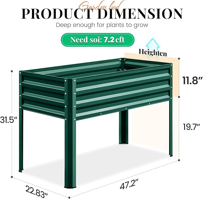 KING BIRD Large Raised Garden Bed with Legs Galvanized Elevated Planter Box 48×24×32 in for Backyard, Patio, Balcony, 400lb Capacity, Green