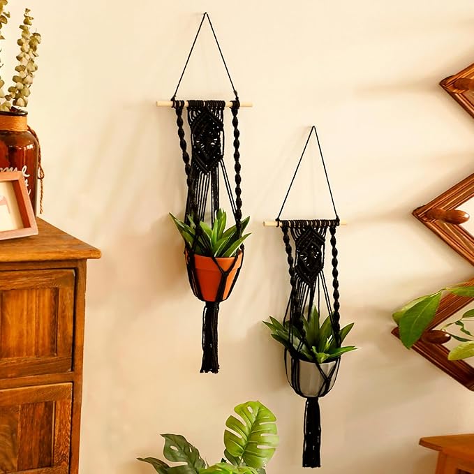 Artilady Black Plant Hanger Macrame Hanging Planter for Indoor Boho Plants Holder with Hooks Hanging Plant Basket Outdoor Window Wall Plants Home Decor (Black Wood Hanger-2pcs)