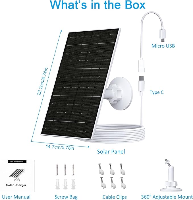 Zivif 7W Solar Panel for Arlo Essential 2K (2nd Gen), Essential XL Spotlight Cameras, USB-C Solar Charger with Micro USB Connector, IP66 Waterproof, 360° Adjustable Mount, 7.2ft Cable