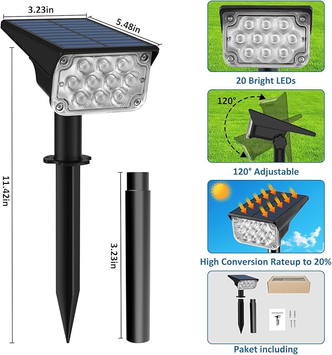 T-SUNUS Christmas Solar Spotlights White 6000K IP65 Waterproof 2-in-1 Outdoor Landscape Spot Lights Garden Light for Flag Tree Yard Driveway Porch Walkway Patio Statue Graveyard Halloween 4 Pack