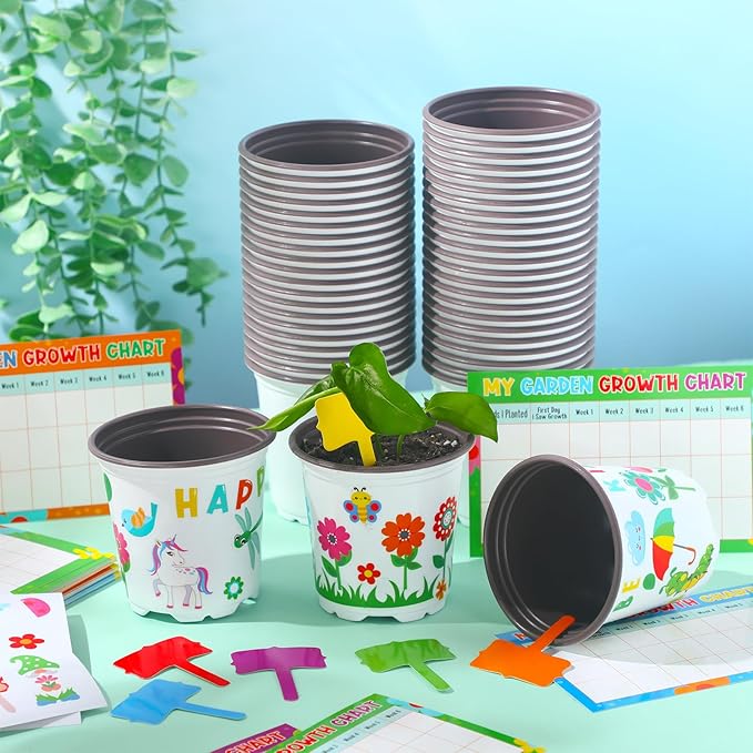 Capoda 24 Sets Garden Flower Pots Crafts Kit DIY Spring Plastic Seedling Nursery Pots with Stickers Plant Labels Growth Charts Planting Growing Tools Classroom Activities Project Gifts (Round)
