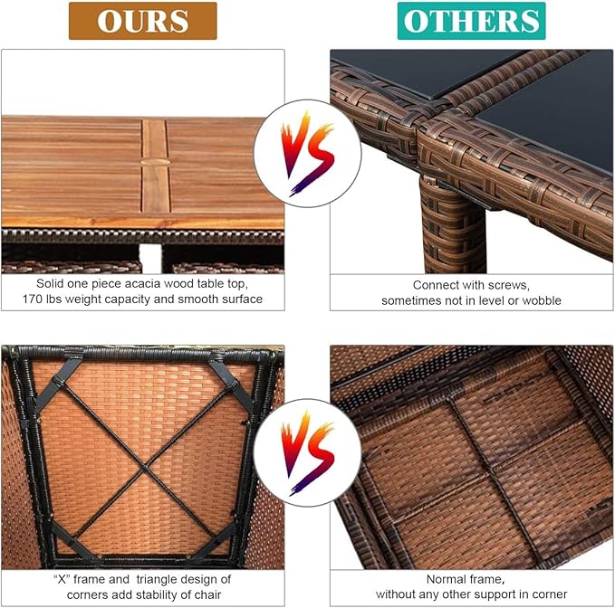 Tangkula 9 Pieces Acacia Wood Patio Dining Set, Space Saving Wicker Chairs and Wood Table with Umbrella Hole Outdoor Furniture Set, Suitable for Garden, Yard, Poolside, Outdoor Seating Set (Black)