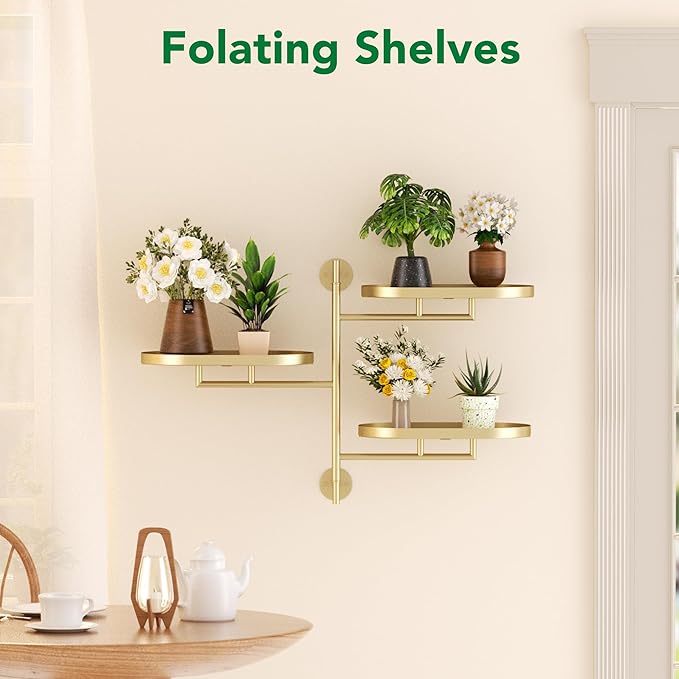 Rotating Window Wall Plant Shelves Stand Holder, 3 Tiered Metal Gold Floating Plant Shelf Hanger Indoor , Window Sill Gifts