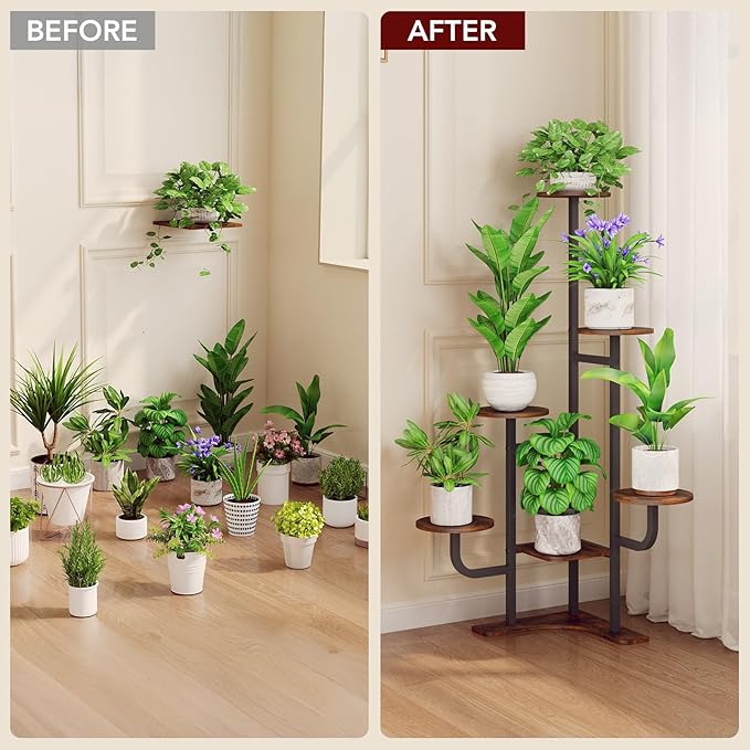 Corner Plant Stand with Grow Light - 6 Tier Plant Stand Indoor Round Metal Plant Shelf with Adjustable Light, Plant Organizer for Living Room, Graden, Home Decor (Brown)