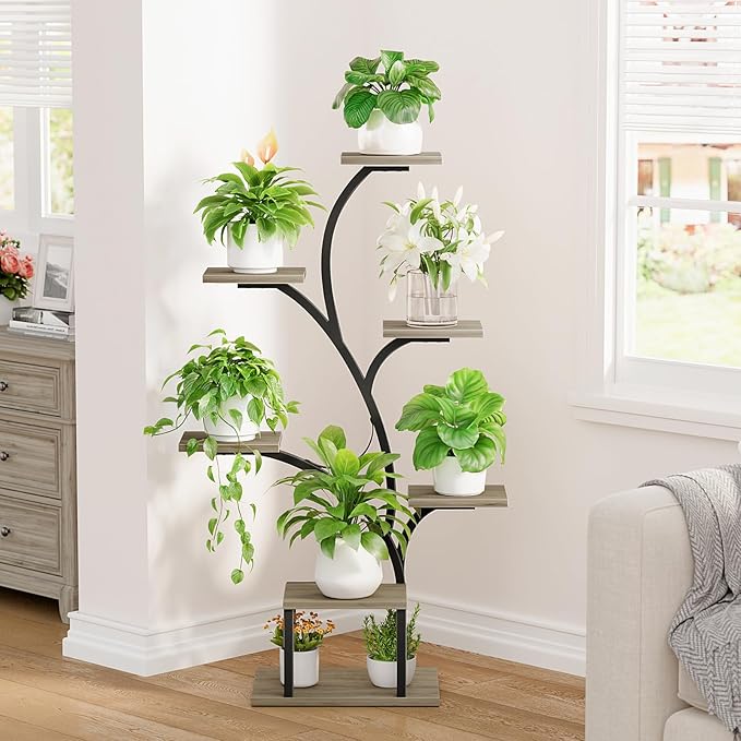 Plant Stand Indoor with Grow Lights, 7 Tiered Indoor Plant Shelf, 49" Corner Plant Stands for Indoor Plants, Metal Plant Flower Display Shelf, Tree-Shaped Plant Rack for Home, Patio, Grey