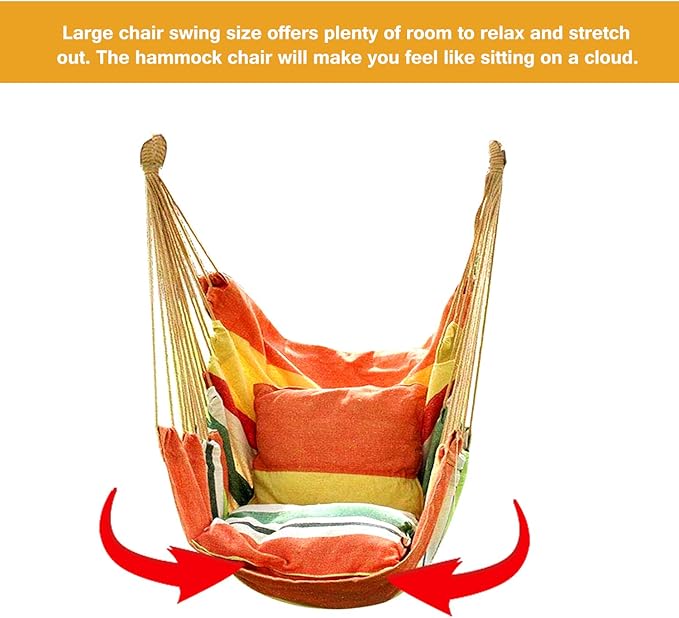 Hommtina Hammock Chair Hanging Rope Swing, Max 300 Lbs Hanging Chair with Pocket & Durability Perfect for Outdoor, Home, Bedroom, Patio, Yard (Pillows NOT Included,Orange)