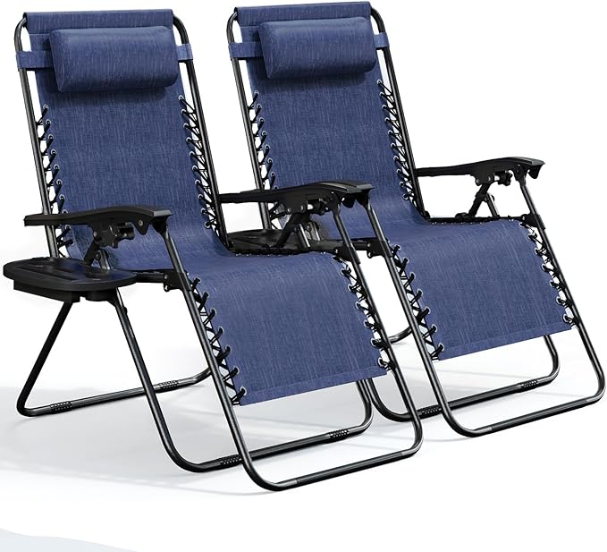 Nestl Zero Gravity Chairs Set of 2, Patio Lounge Chair Outdoor with Pillows & Cup Holder Trays, Adjustable Steel Mesh Reclining Camping Chair, Folding Patio Lawn Chair for Deck, Beach, Yard - Blue
