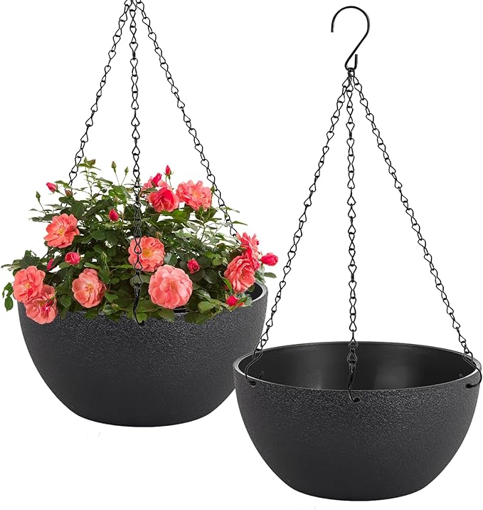 10 inch Hanging Planters for Indoor Plants, 2 Pack Planters for Outdoor Plants with Drainage Holes and Chain, Round Plastic Hanging Baskets, Hanging Flower Pots for Balcony Garden Decor-Black