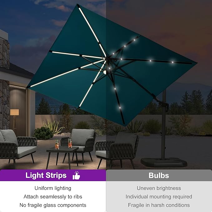 PURPLE LEAF 10 Feet Patio Umbrella with Base Outdoor Solar Powered LED Swivel Square Umbrella Offset Umbrella with 360-degree Rotation for Garden Deck Pool Patio, Turquoise Blue