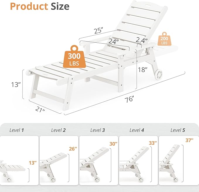 LUE BONA Outdoor Chaise Lounge Chairs Set of 4, HDPS Chaise Lounger, 5 Positions Adjustable Lounge Chairs, Pool Lounge Chair with Wheels for Poolside, White