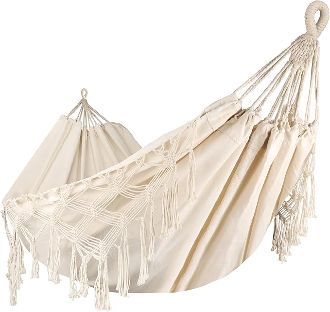 Bellzacasa Double Hammock, Heavy Duty 500 lb Load Capacity Tassels and Fishtail Knitting with Mounting Straps for Outdoor Camping Patio Balcony Beige