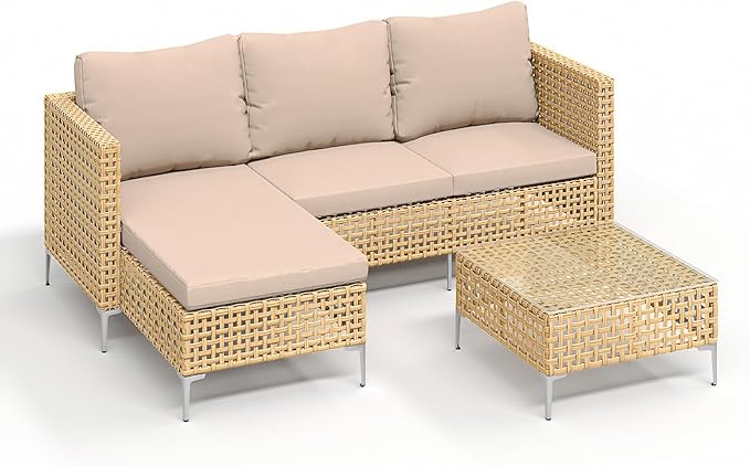 3-Piece L-Shaped Patio Furniture Set - Weather Resistant Wicker Sectional Sofa with Thick Cushions & Coffee Table for Small Spaces (Yellow/Beige)