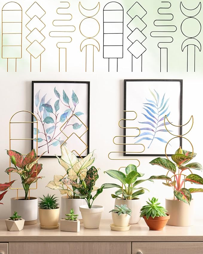 4 Pack Trellis for Climbing Plant Indoor, Small Metal Garden Trellis for Potted Plants Outdoor, Stake Mini Houseplant Trellis Support for Hoya, Vines, Pothos, Monstera (Gold)