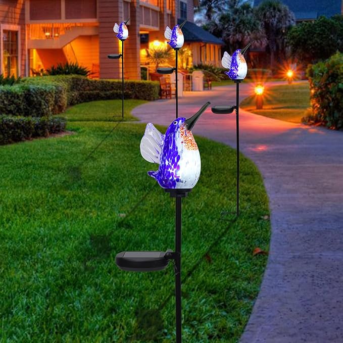 Bshine Solar Garden Decoration Outdoor Hummingbird Lights Stake, Hand Blown Glass Waterproof Solar Light Decorate Paths, Pathways, Lawns and Yards Art for Mom Gifts