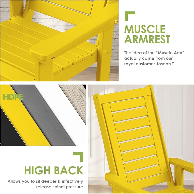 GREENVINES Outdoor Rocking Chairs | Set of 2 | Porch Rocker | HDPE Plastic | Yellow | Oversized Rockers | High Back | Big & Tall | Ladder Back | for Patio Outside Backyard Balcony Garden
