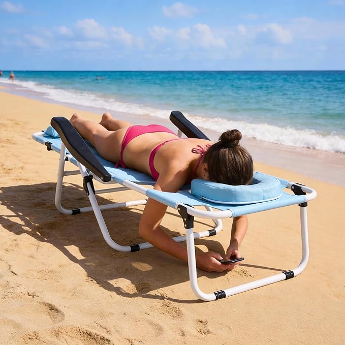 ABORON Tanning Chair with Face Hole, 5-Position Adjustable Reclining Beach Lounge Chair, Folding Face Down Sun Lounger for Beach, Poolside, Patio, Lawn, Home(Sky Blue)