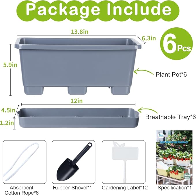 Window Box Planter 6 Packs, 13.8 Inches Rectangle Flower Pots with Drainage Holes & Trays, Pots for Vegetables, Herbs, Flowers, Garden Windowsill Balcony (Grey)