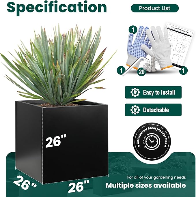 Galvanized Steel Planter Box 26Inch Black Metal Planter Large Square Indoor Outdoor Planters Cube Steel Heavy Duty Flower Pot Powder Coating Modern Commercial Residential for Patio, Yard, Garden