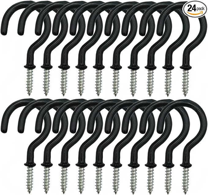 24 Pack Ceiling Hooks for Hanging Plants - 2.2 inches Heavy Duty, Hanging Hooks for Christmas Lights, Cups, Decors - Black Vinyl Coated Screw in Plant Hanger Hook Indoor and Outdoor