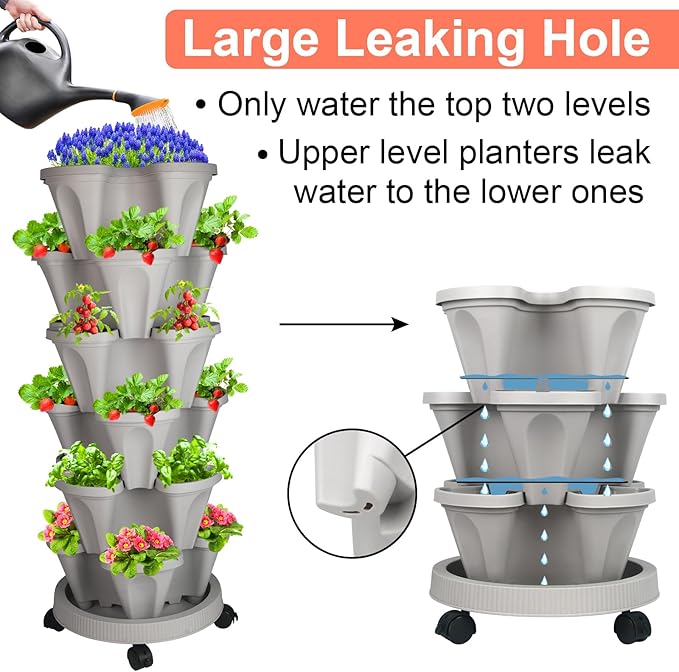 GameXcel Vertical Planter 6 Tier Stackable Planters Garden Planters Strawberry Herb Flower and Vegetable Planter Indoor Outdoor Gardening Pots with Removable Wheels and Tools