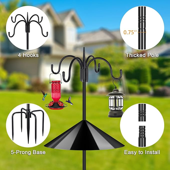 FEED GARDEN 4-Hook Squirrel-Proof Bird Feeder Pole - 92" Heavy-Duty Shepherd's Hook with 5-Prong Base & 19" Baffle for Multiple Feeders & Plants