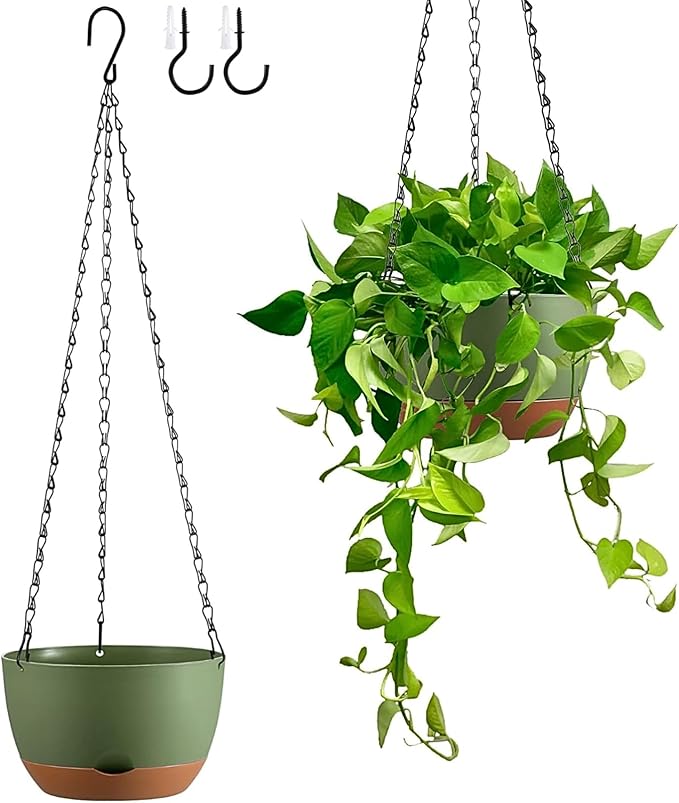 Hanging Planters for Indoor Plants, Set of 2 8/10 Inch Self-Watering Hanging Pots with Drainage Hole & Removable Water-Storage Tray II Screw-in Hooks
