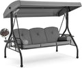 HOMREST 3 Seat Outdoor Porch Swing with 1.5" Deep Cup Holder, Adjustable Canopy,Patio Swing Bed with Stand, Patio Glider Swing with Thicken Cushions, Pillow（Grey）
