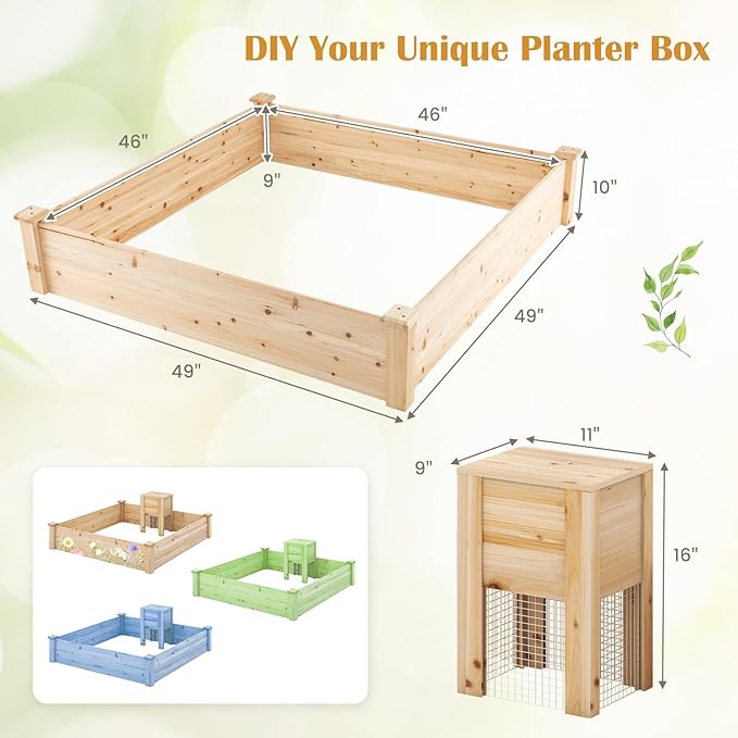 Giantex Raised Garden Bed, 49"x49"x10" Wood Planter Box Kit w/Compost Bin & Open-Ended Bottom for Vegetables, Flowers, Herbs, Fruits, Elevated Square Planting Bed for Patio, Backyard, Garden
