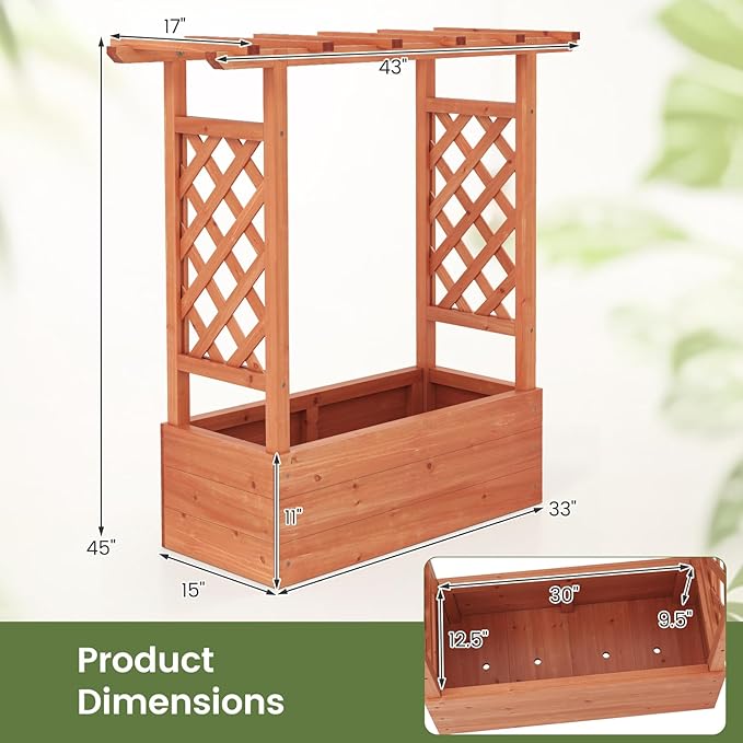 Giantex Raised Garden Bed with 2-Sided Trellis & Hanging Roof, Fir Wood Planter Box w/Drainage Holes, Freestanding Garden Planter for Flowers Herbs Climbing Vines (43"x15"x45")