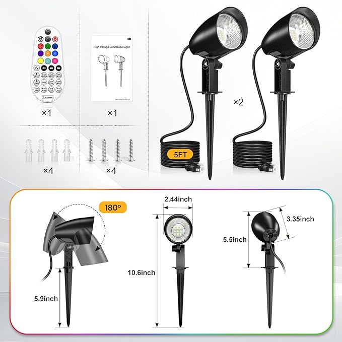 20W RGBW Color Changing Outdoor Spotlight with Remote Control 1880LM IP66 Waterproof LED Spot Lights for Christmas Halloween Decorative Yard Garden Pathway 120V US Plug 2 Pack