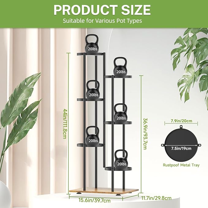 iDavosic.ly 6 Tier Plant Stand Indoor Outdoor, Tiered Corner Multiple Flower Pot Holder Shelf, Metal 44 Inch Tall Display Rack for Patio Porch Living Room Garden Balcony, Modern Black & Rustic Brown