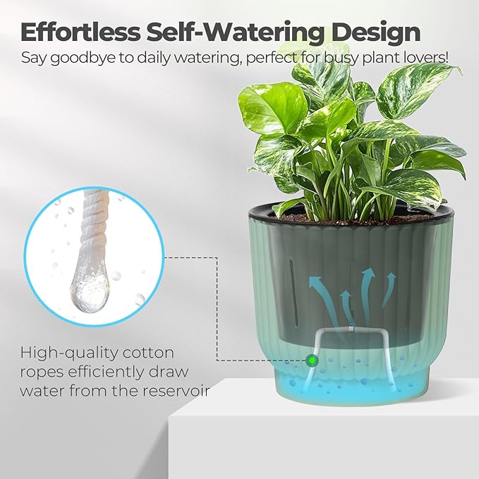 T4U 7 Inch Self Watering Pots for Indoor Plants, 4 Pack Plant Pots, Self Watering Planter for Indoor Plants, Durable Plastic Pots (4 Pack, 7", Green)