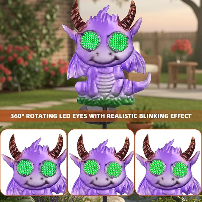 Fantasy Dragon Garden Stakes Decorative 39.7" with Moving Solar Eyeballs, Purple Dragon Garden Decor Pathway Lights for Outside Patio Lawn Yard Metal Art