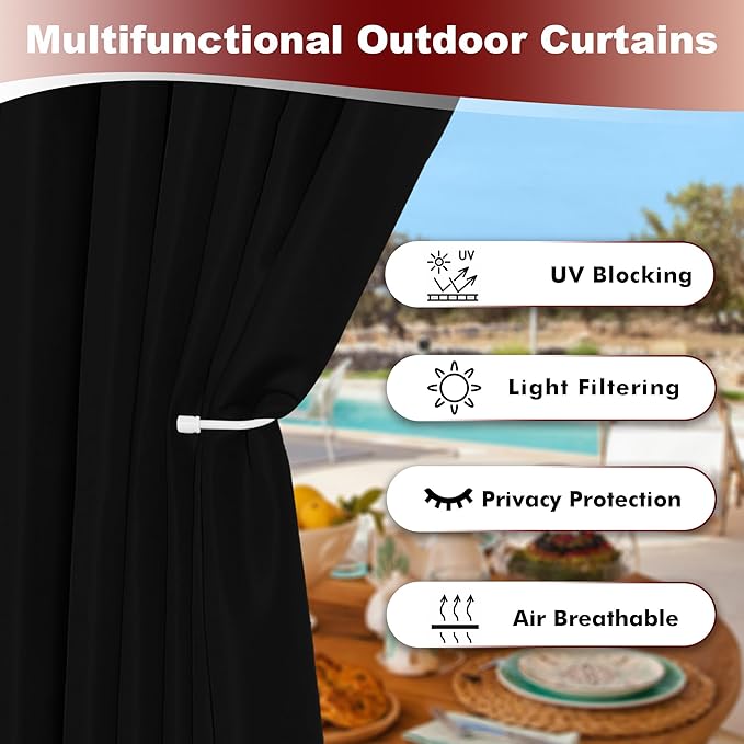 HolidayIdeas Grommet Outdoor Curtains for Patio Waterproof 8 Pcs All Weather Balcony Black Outside Curtains for Apartments, Gazebo, Pergolas, Porch, 54x95 Inch