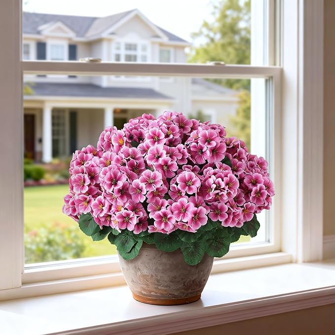 2 Pack Artificial Geranium Flowers Topitary Trees for Outdoors, UV Resistant Geraniums Potted Bushes Look Real Silk Faux Plants for Front Door Garden Porch Planter Farmhouse Home Decor (Pink)