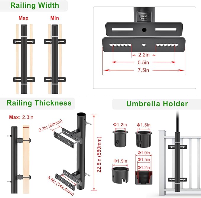 Heavy Duty Deck Railing Umbrella Holder, Adjustable Patio Umbrella Stand for 1-2 Inch Poles, Secure & Sturdy Railing Grille Mount, Maximizes Outdoor Space