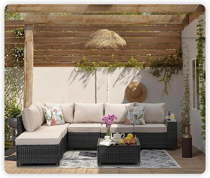 7 Pieces Patio Furniture Set All-Weather Outdoor Wicker Sectional Conversation Sofa Rattan Patio Seating Sofa with Cushion and Glass Table and Ottoman for Porch,Beige