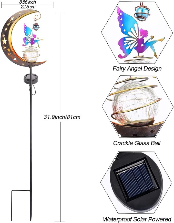 Solar Fairy Garden Light Decor, Moon Fairy Stake Lights, Crackle Glass Globe with Color Angel Decor, Outdoor LED Pathway Lights Waterproof for Walkway, Yard, Lawn, Patio or Courtyard