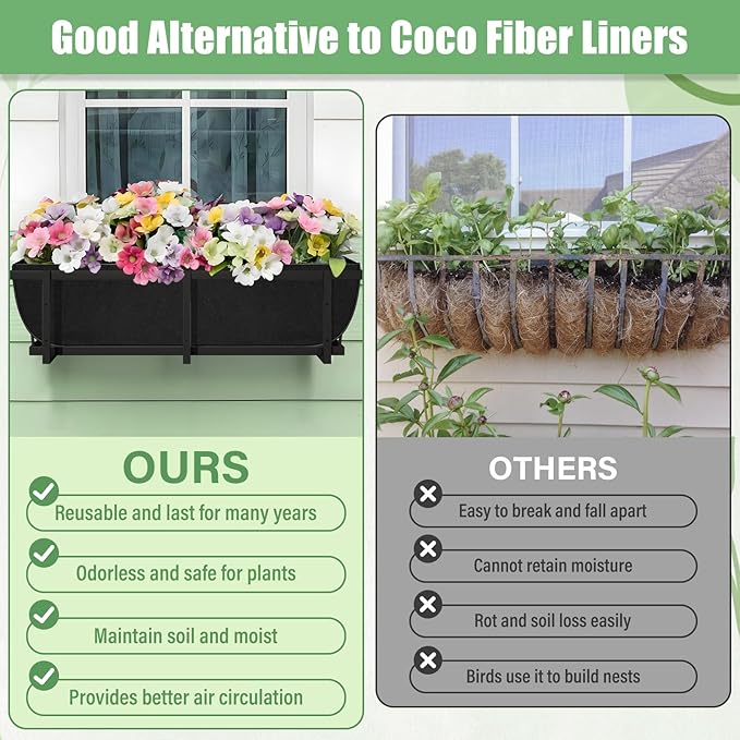 Riare 4 Pack 30 Inch Black Fabric Window Box Liners- Felt Square Trough Planter Basket Liners Replacement, Non-Woven Hanging Flower Plant Box Liner for Outdoor Plants Garden Fence- Avoid Birds Nesting