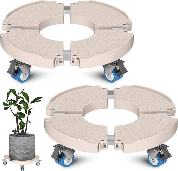 Goovilla Plant Stand with Wheels Heavy Duty, 2Pack Adjustable 15-22 Plant Caddy with Lockable Caster Wheels 440LBS, Rolling Plant Stand/Dolly/Roller for Indoor Outdoor Large Planter, Flower Pot,Beige
