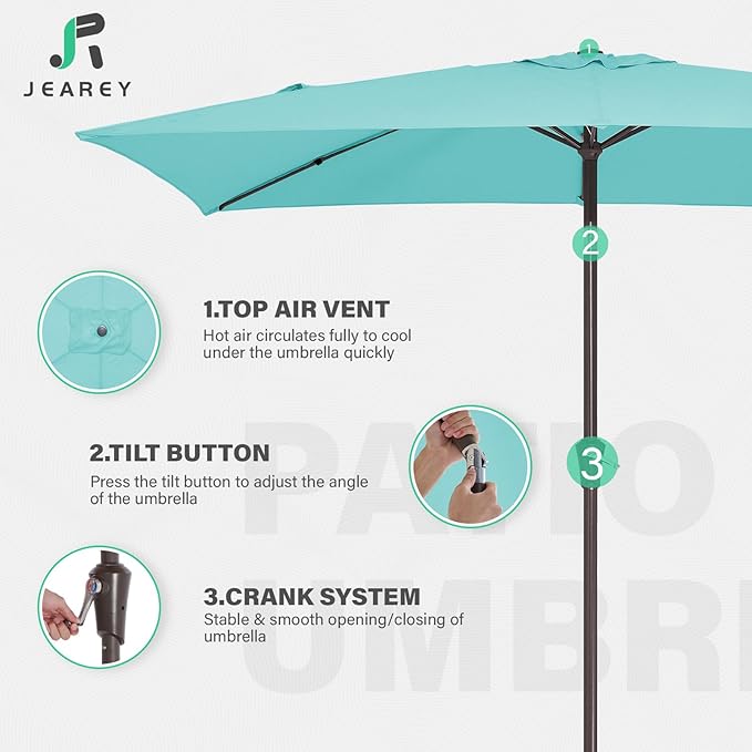 JEAREY 6.5x10 ft Rectangular Patio Umbrellas Rectangle Outdoor Umbrella with Push Button Tilt and Crank, Market Table Umbrella 6 Sturdy Ribs UV Protection for Poolside Garden Backyard Deck, Peacock Blue
