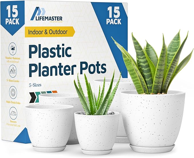 White Gray Plant Pots with Drainage Holes & Saucers 15 Pack, Indoor & Outdoor Stackable Space-Saving Planters for Houseplants & Flowers, (7", 6.7", 6", 5.3", and 4.8" Inches), Durable & Weatherproof